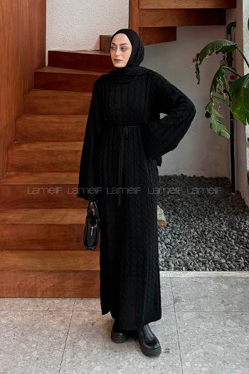 Lameli Örgü Desen Triko Elbise Siyah