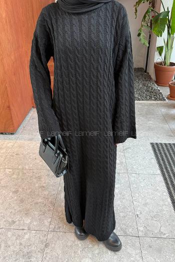 Lameli Örgü Desen Triko Elbise Siyah