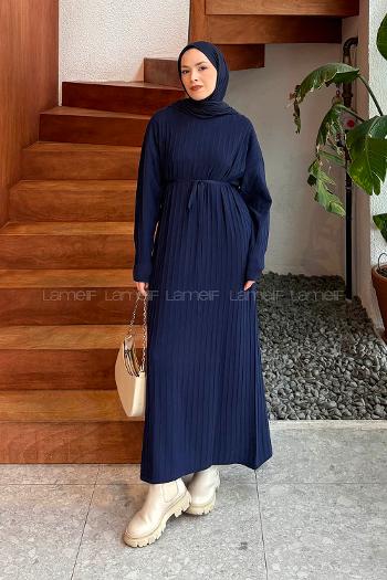 Lamelif Dikiş Detaylı Tesettür Elbise Lacivert