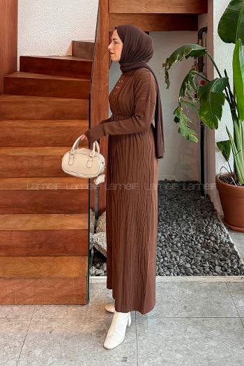 Lamelif Düğme Detaylı Desenli Elbise Acı Kahve