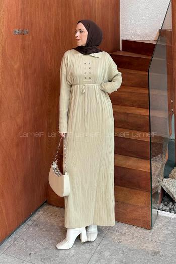 Lamelif Düğme Detaylı Desenli Elbise Bej