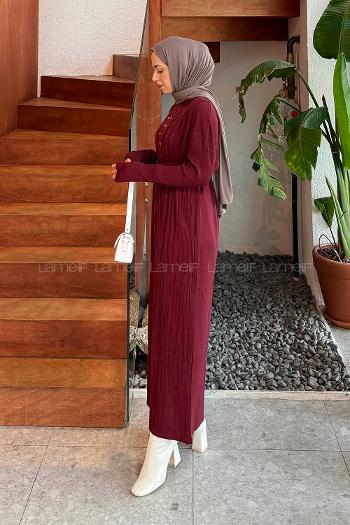 Lamelif Düğme Detaylı Desenli Elbise Bordo