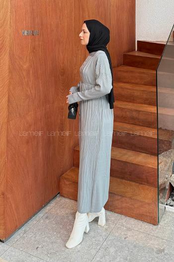 Lamelif Düğme Detaylı Desenli Elbise Gri