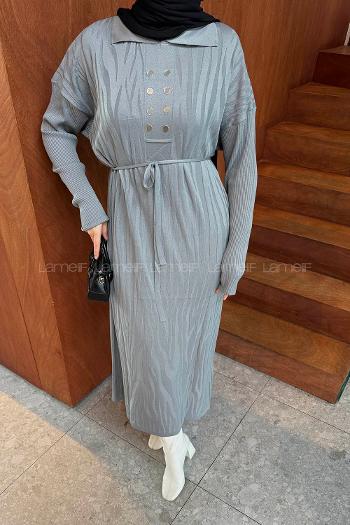 Lamelif Düğme Detaylı Desenli Elbise Gri