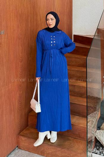 Lamelif Düğme Detaylı Desenli Elbise Saks Mavisi