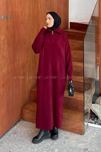 Lamelif Fermuar Detaylı Triko Elbise Bordo
