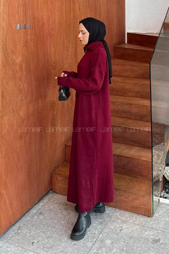Lamelif Fermuar Detaylı Triko Elbise Bordo