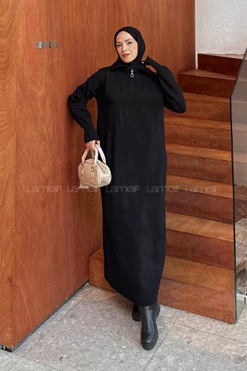 Lamelif Fermuar Detaylı Triko Elbise Siyah