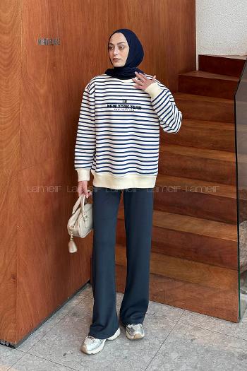 Lamelif Nakışlı Çizgili Sweatshirt Lacivert