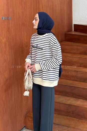 Lamelif Nakışlı Çizgili Sweatshirt Lacivert