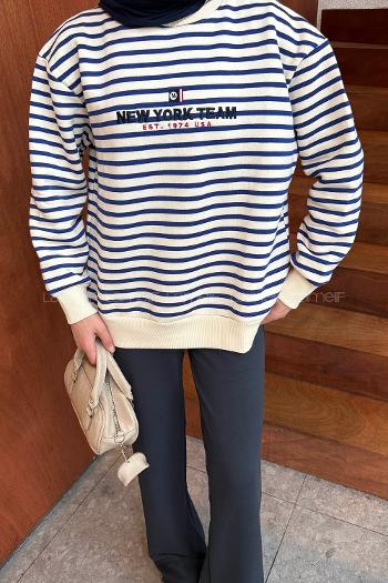 Lamelif Nakışlı Çizgili Sweatshirt Lacivert