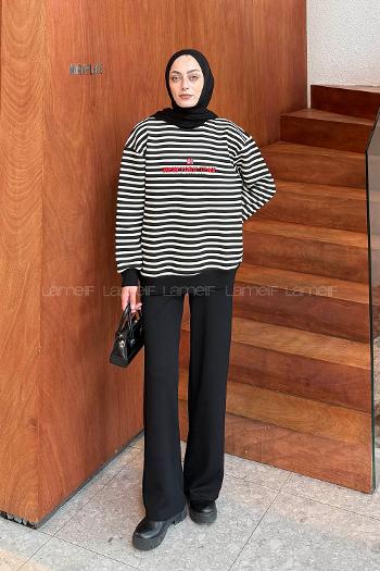 Lamelif Nakışlı Çizgili Sweatshirt Siyah