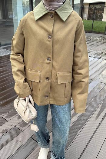 Lamelif Yaka Detaylı Parka Haki