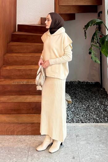 Lamelif Yelek-Jile İkili Triko Takım Bej