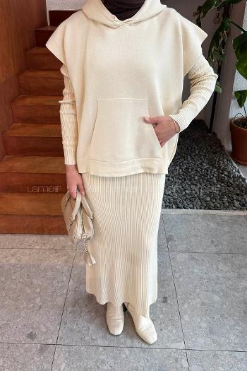 Lamelif Yelek-Jile İkili Triko Takım Bej