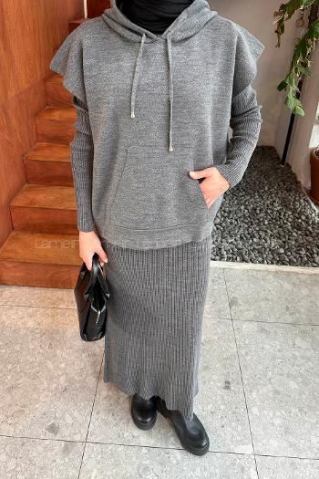 Lamelif Yelek-Jile İkili Triko Takım Gri