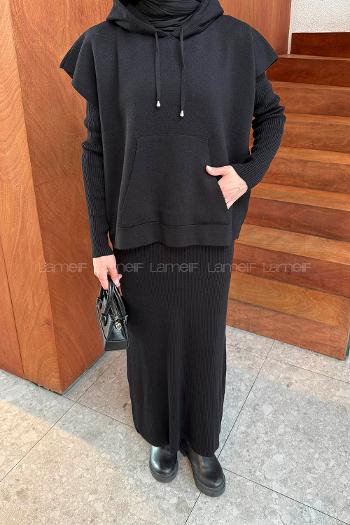 Lamelif Yelek-Jile İkili Triko Takım Siyah