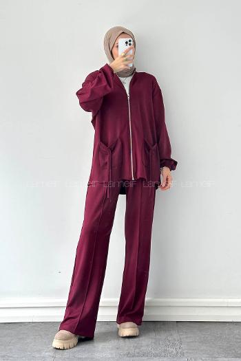 Claret Red Neckband Long Arm Cotton Regular Trousers Comfortable Suit