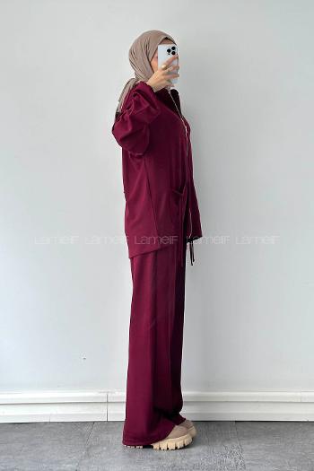 Claret Red Neckband Long Arm Cotton Regular Trousers Comfortable Suit