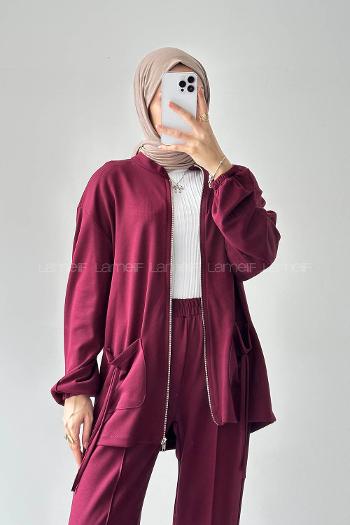 Claret Red Neckband Long Arm Cotton Regular Trousers Comfortable Suit