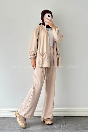 Cream Neckband Long Arm Cotton Regular Trousers Comfortable Suit