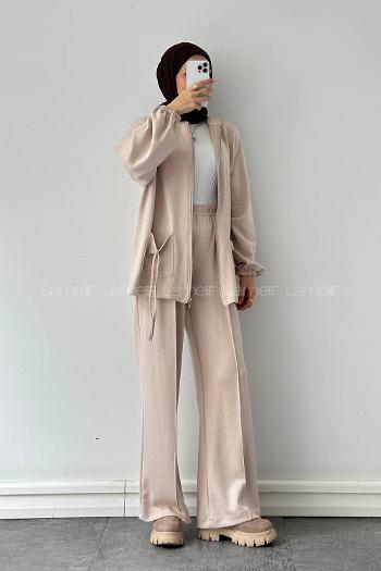 Cream Neckband Long Arm Cotton Regular Trousers Comfortable Suit