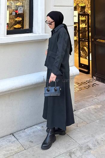 Lamelif Cep Detaylı İkili Etek  Tesettür Takım Füme