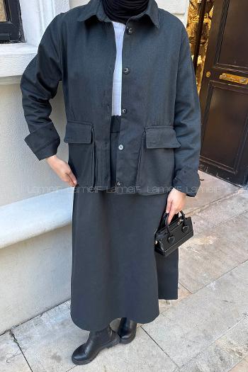 Lamelif Cep Detaylı İkili Etek  Tesettür Takım Füme