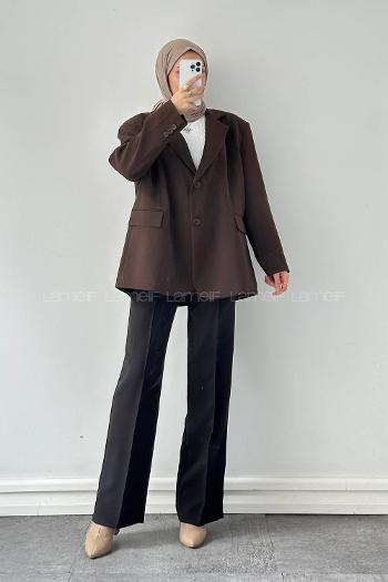 Lamelif Dekoratif Cep Detaylı Tesettür Ceket Acı Kahve