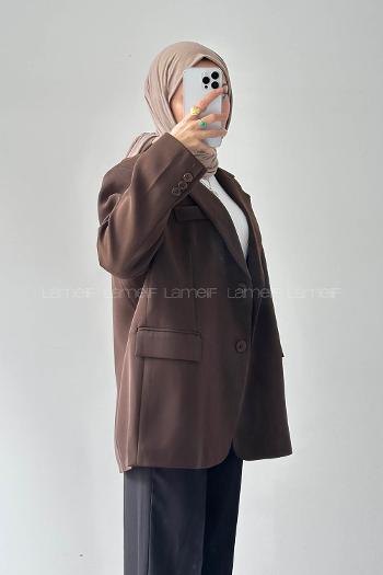 Lamelif Dekoratif Cep Detaylı Tesettür Ceket Acı Kahve