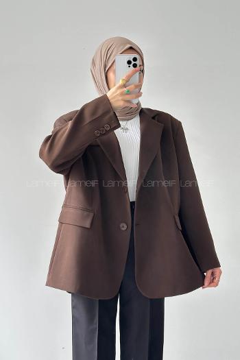 Lamelif Dekoratif Cep Detaylı Tesettür Ceket Acı Kahve
