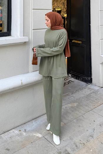 Lamelif Duble Kol Tesettür Takım Haki