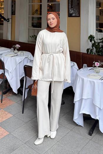 Lamelif Duble Kol Tesettür Takım Krem