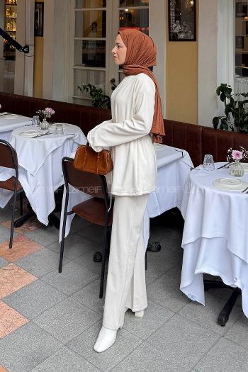 Lamelif Duble Kol Tesettür Takım Krem