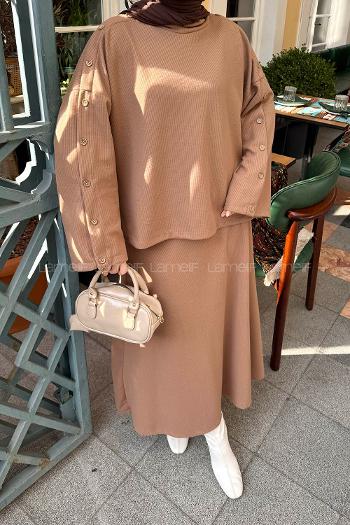 Brown Turtle Neck Long Arm Cotton Flare Suit