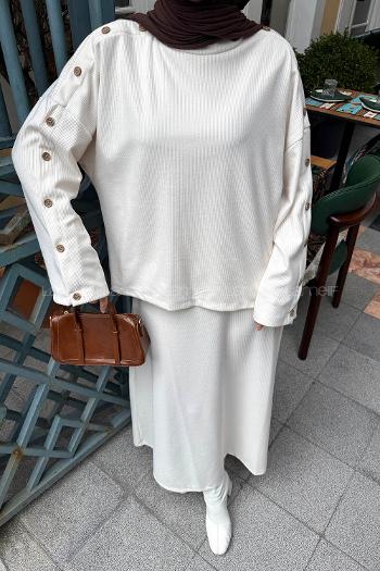 Cream Turtle Neck Long Arm Cotton Flare Suit