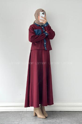 Claret Red Shirt Collar Long Arm Polyester Regular Trousers Flared Skirt Suit