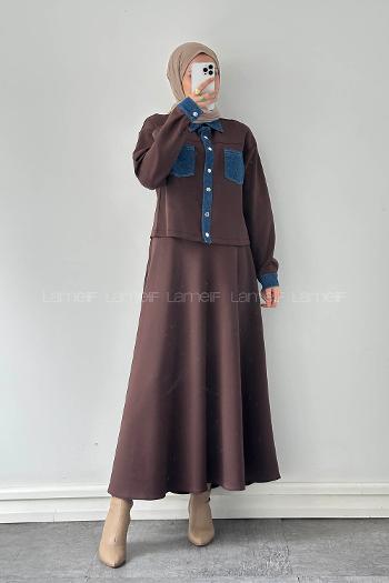 Brown Shirt Collar Long Arm Polyester Regular Trousers Flared Skirt Suit