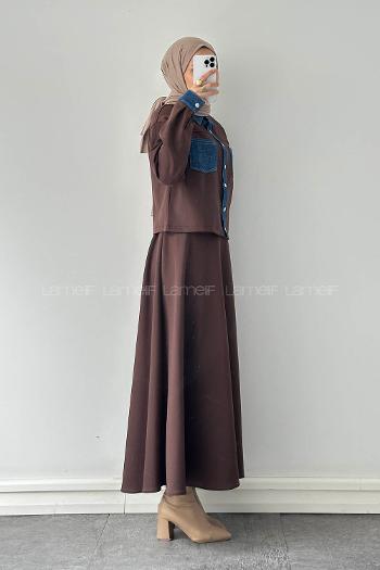 Brown Shirt Collar Long Arm Polyester Regular Trousers Flared Skirt Suit