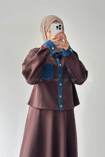 Brown Shirt Collar Long Arm Polyester Regular Trousers Flared Skirt Suit