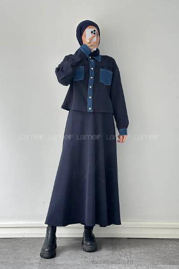 Navy Blue Shirt Collar Long Arm Polyester Regular Trousers Flared Skirt Suit