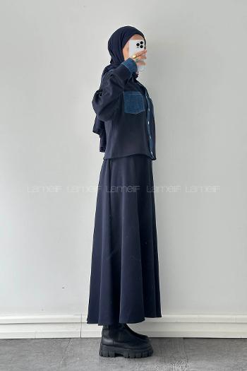 Navy Blue Shirt Collar Long Arm Polyester Regular Trousers Flared Skirt Suit