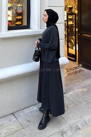 Anthracite Crew Neck Long Arm Cotton Flare Suit