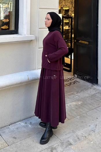 Claret Red Crew Neck Long Arm Cotton Flare Suit