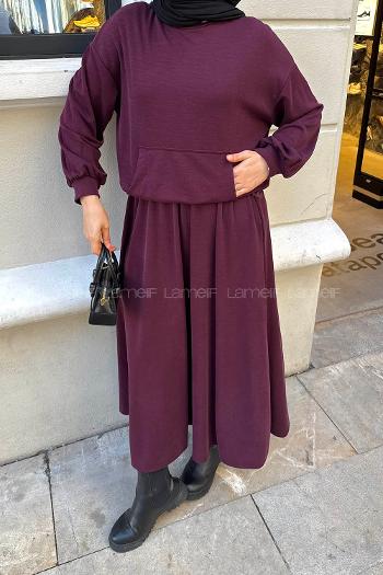 Claret Red Crew Neck Long Arm Cotton Flare Suit