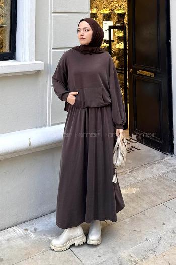Brown Crew Neck Long Arm Cotton Flare Suit