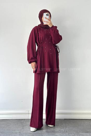 Claret Red Crew Neck Long Arm Cotton Regular Trousers Comfortable Suit