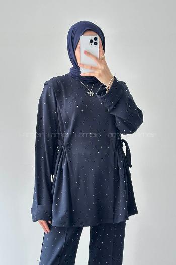 Lamelif Tünel Detaylı Taşlı Takım Lacivert