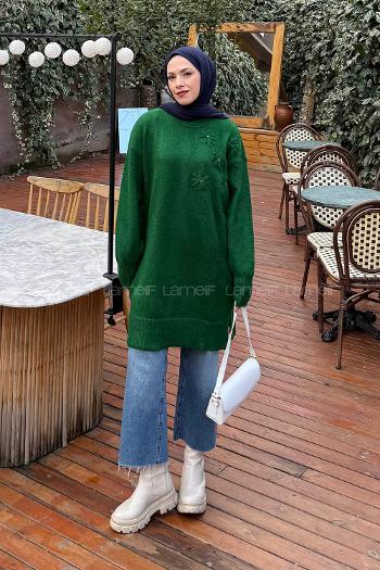 Lamelif Çiçek Detaylı Triko Kazak Çimen Yeşili