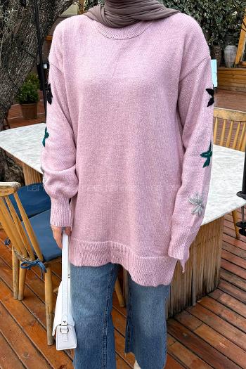 Lamelif Çiçek Detaylı Triko Kazak Lila